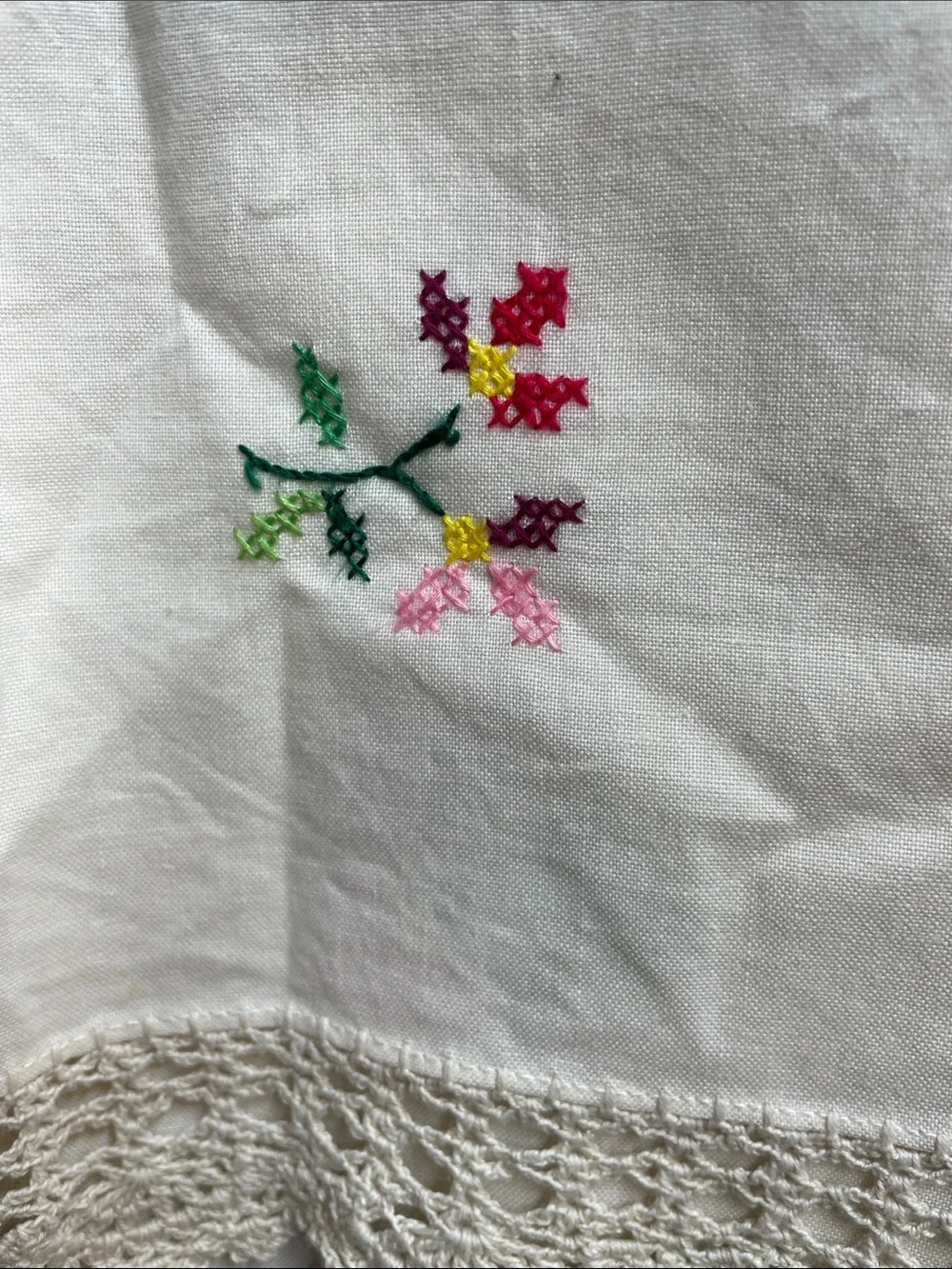 Handmade Cross-stitched Floral White Tablecloth with Crochet Trim Vintage